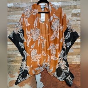 NWT Catherines One Size Rich Brown Black Floral Design Kimono